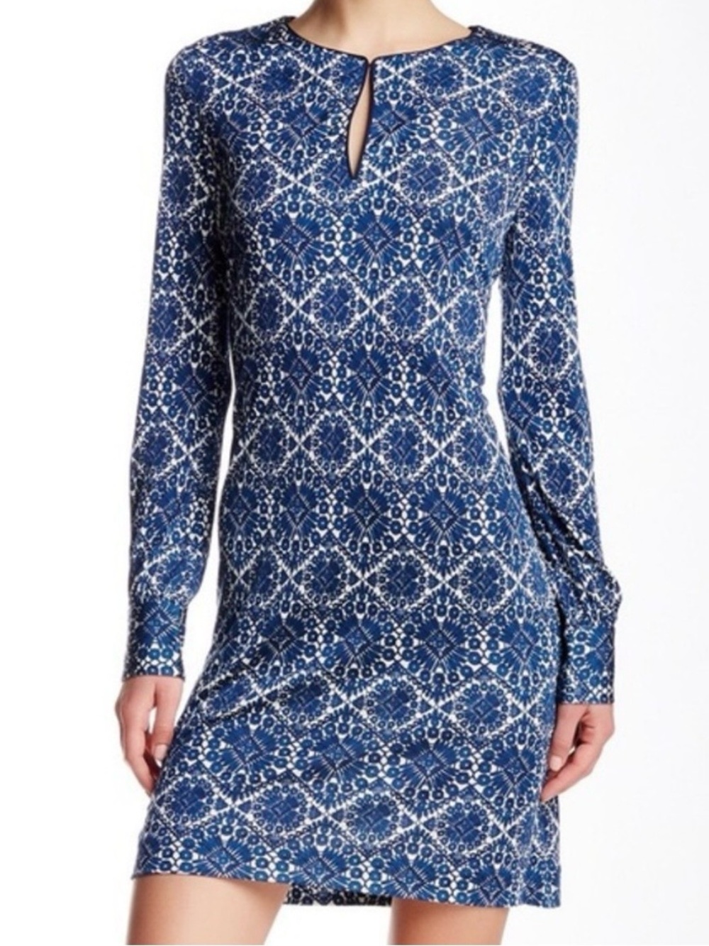 Tory Burch Blue Patterned Long-Sleeve Keyhole 100$ silk  Dress, M